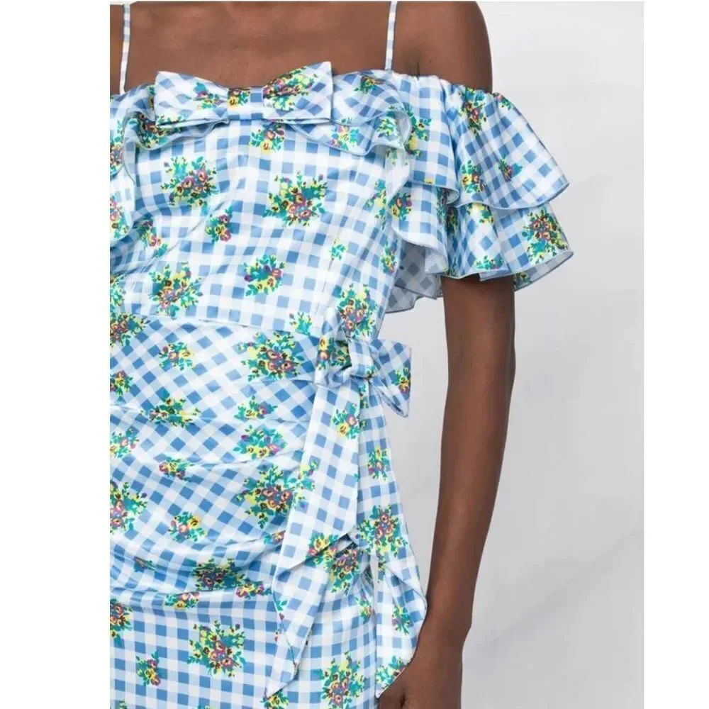 New ALESSANDRA RICH Off-Shoulder Floral Dress Medium Blue Gingham IT40/Small - Picture 3 of 16